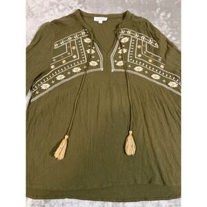 Calligraphie Olive Green Embroidered Boho Peasant Blouse Long Sleeve Tassel L